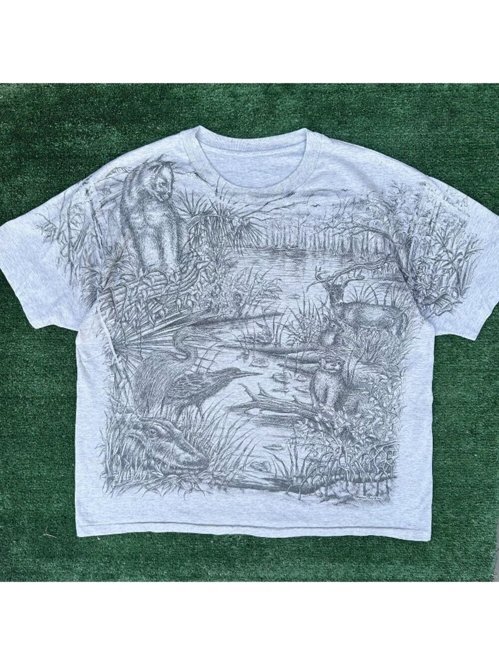 Vintage 90s Everglades Wildlife Nature AOP T-Shirt Gray XL Single Stitch Outdoor